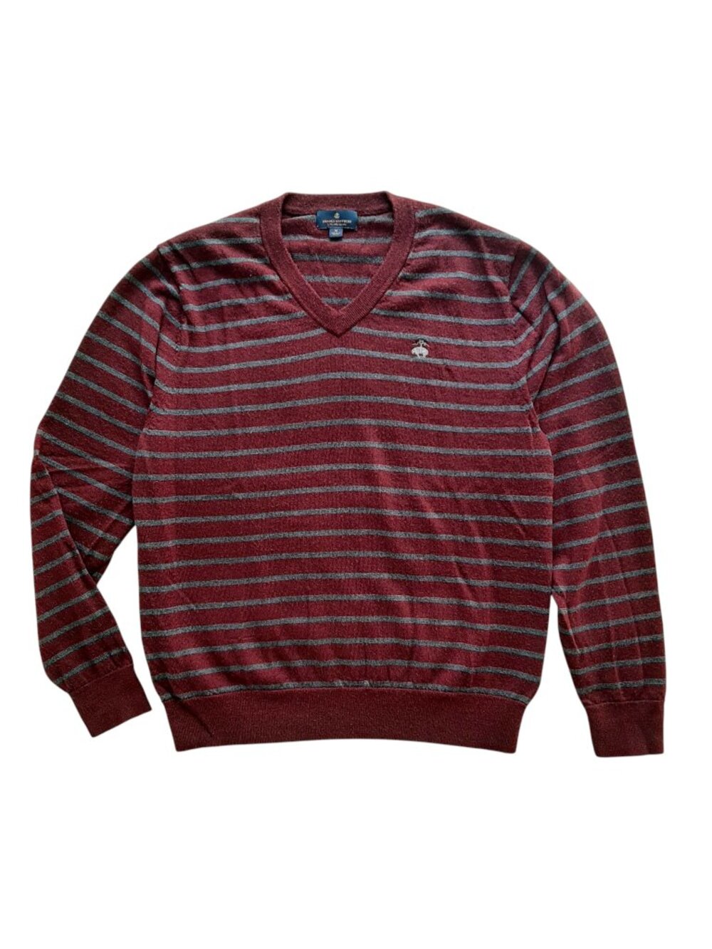 Brooks Brothers Men Burgundy Striped Extra Fine Merino Wool V-Neck Sweater M